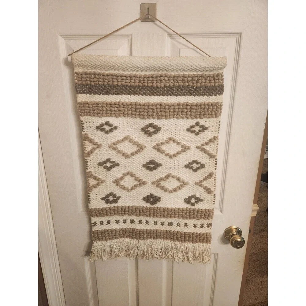 Bottom‎ Fringe Textured Woven Wall Hanging Fabric Art Boho Decor Tan Cream Beige